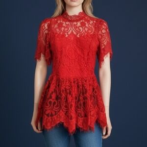 BIGHIT Peekaboo Lace Puff Sleeve Peplum Babydoll Castlecore Blouse